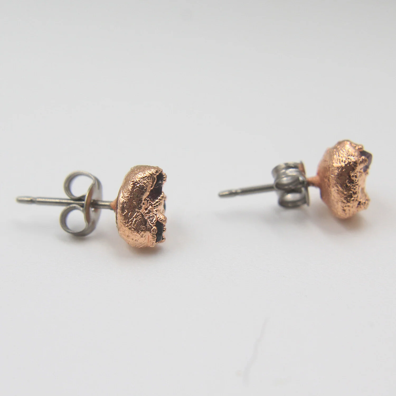 Pink tourmaline copper stud earrings from side