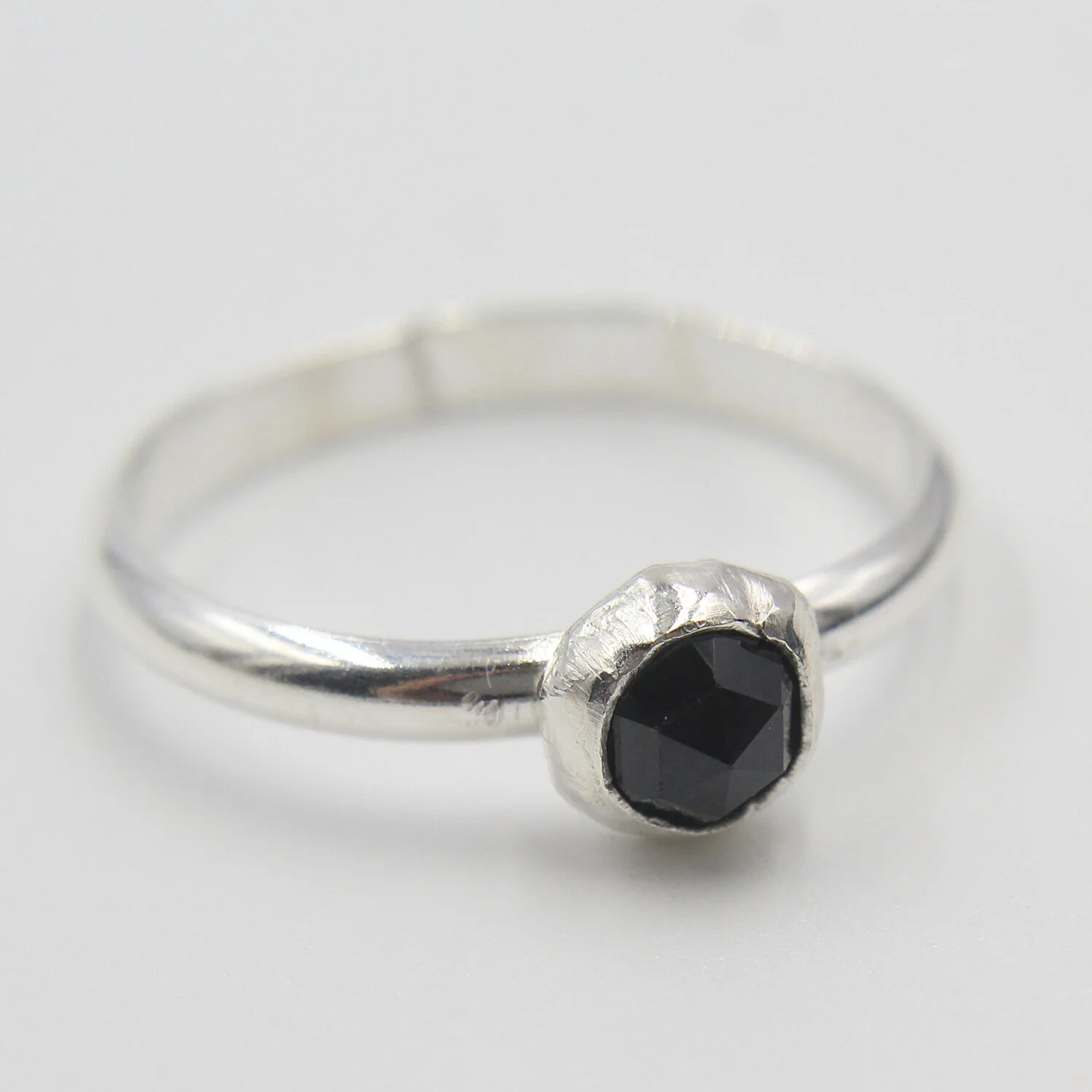 Black spinel sterling silver ring close up