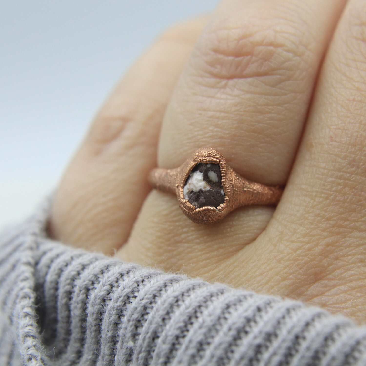 Lake Superior speckled beach stone electroformed copper ring