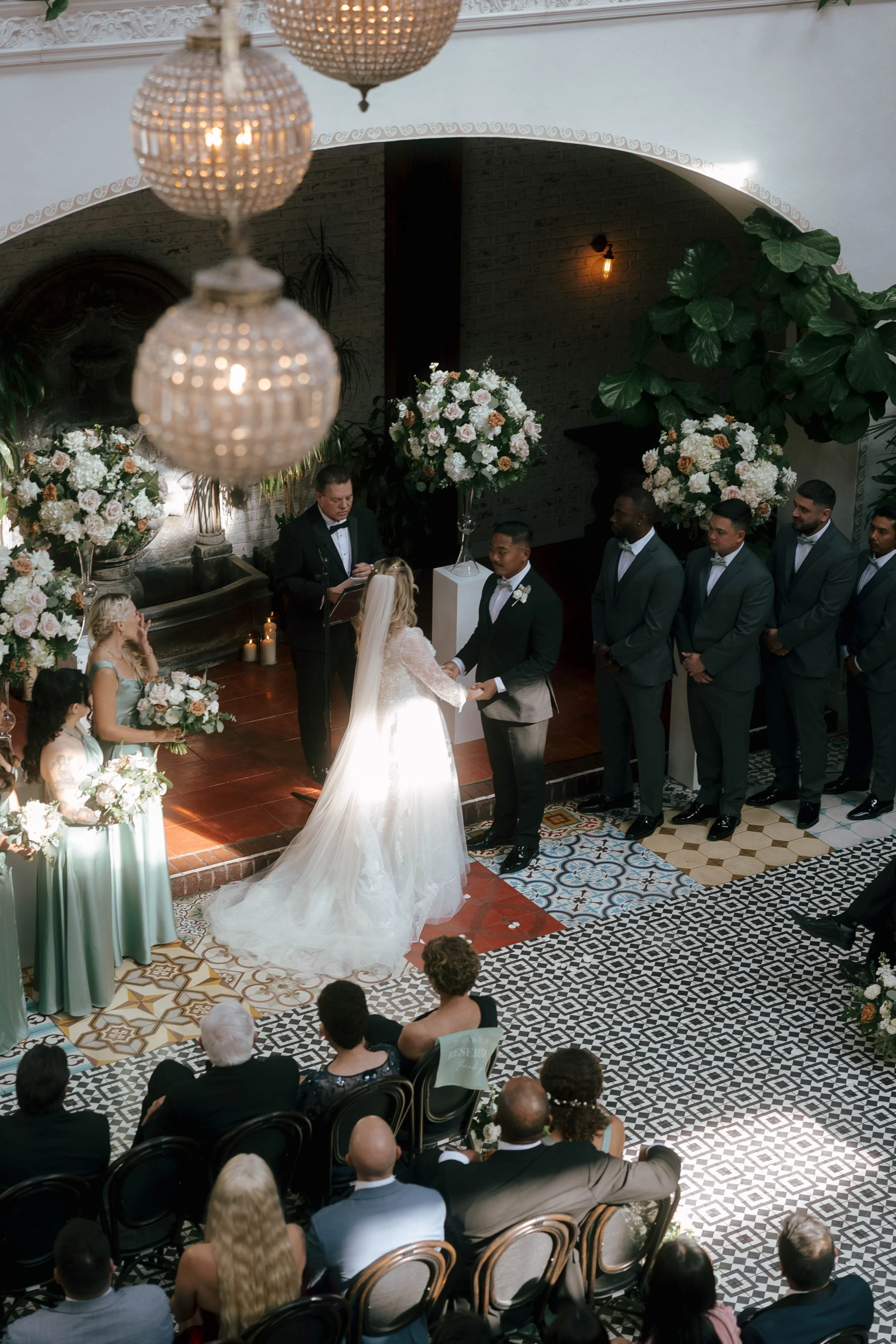 Timeless wedding ceremony flowers at The Ebell Long Beach