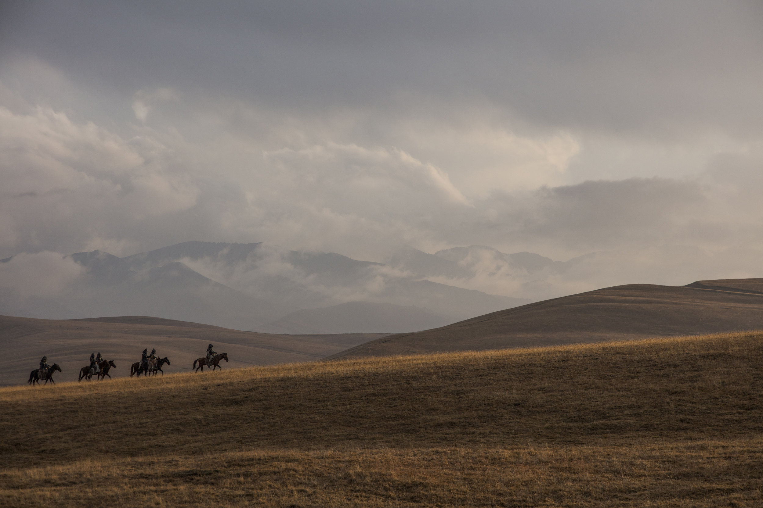 Yamnaya riders on the horizon, Assy Plateau, Tien Shan Mountains, Kazakhstan.jpg