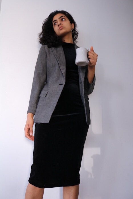 black dress gray blazer