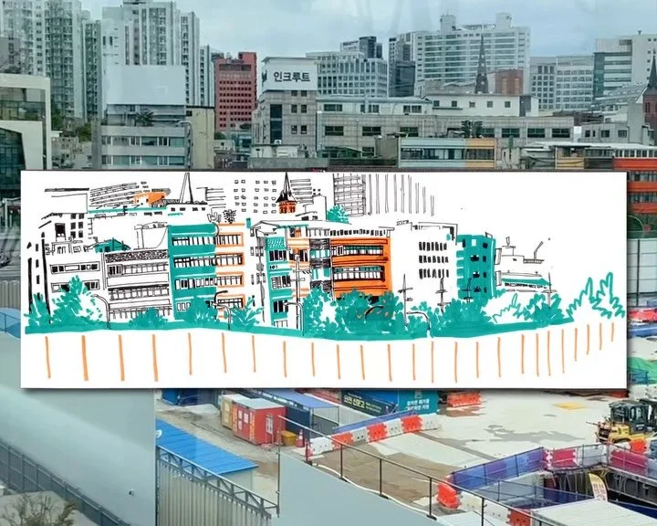 I stuck it out through some mild rain to finish this sketch on the Seoul Highline. 
I intended to draw the huge construction site below but ended up getting distracted by the line of buildings visible from here. 
I did film a little so I might edit t