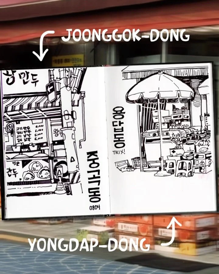 Some rare black pen sketches from the other day- 
Actually two different pens, I forgot to bring the original one in my bag 

Left page: Joonggok-dong, Marsgraphic black pen 
Right page: Yongdap-dong, Pentel Tradio pen 

#sketchbook #pendrawing #urba