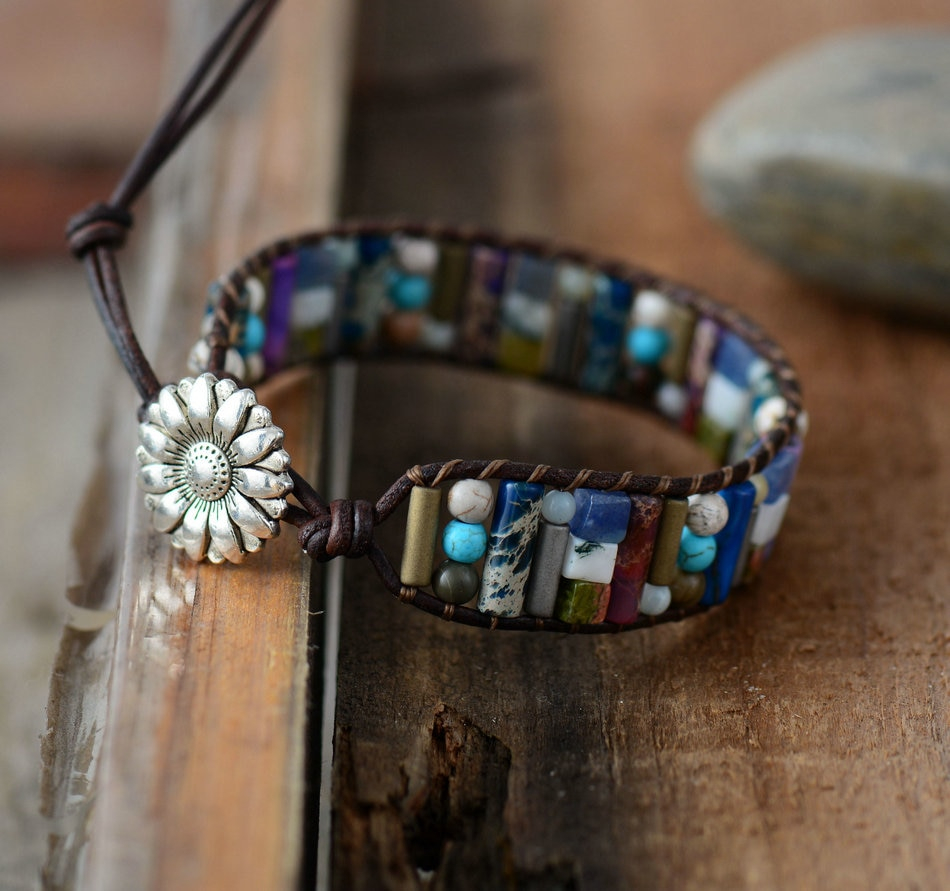 bohemian cuff bracelet jewelry. white howlite beads 7 chakra healing crystals. benefits of turquoise protect your energy. jasper beads gemstone for confidence. flower closure. fully adjustable