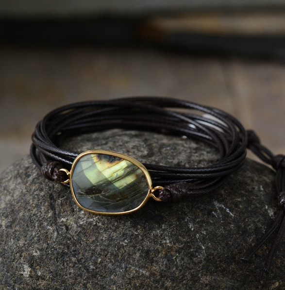 Women's Bohemian Black leather rope wrap labradorite stone Charm Bracelet Boho adjustable
