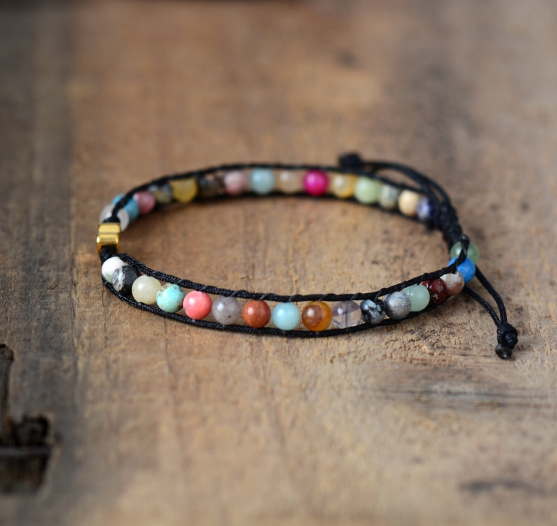 boho jewelry with mixed gemstones for self love. hand made wax cord fully adjustable. Yellow Agate stone benefits for confidence. self-care gemstones for self love. lucky stone beads