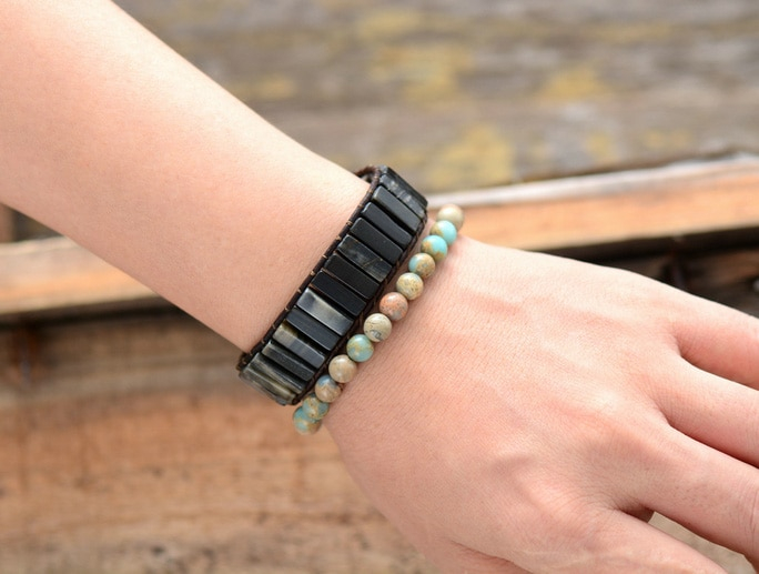 boho leather cuff bracelet jewellery. Rectangle Shoushan stone beads are lucky stone beads. medium brown leather with crystals for wealth. Lucky stone beads crystals for wealth stacked