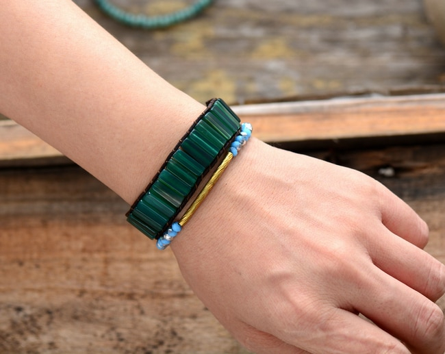 boho cuff bracelet. Healing properties of heart chakra charging green onyx beads gemstones for wealth. attract power and money gemstone bracelet. genuine dark brown leather hand tied tadjustable
