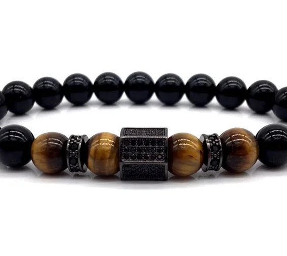 Self Confidence Bracelet For Men Tiger Eye Black Onyx Gemstone Black Hexagon Bead Jewelry Peaceful Island