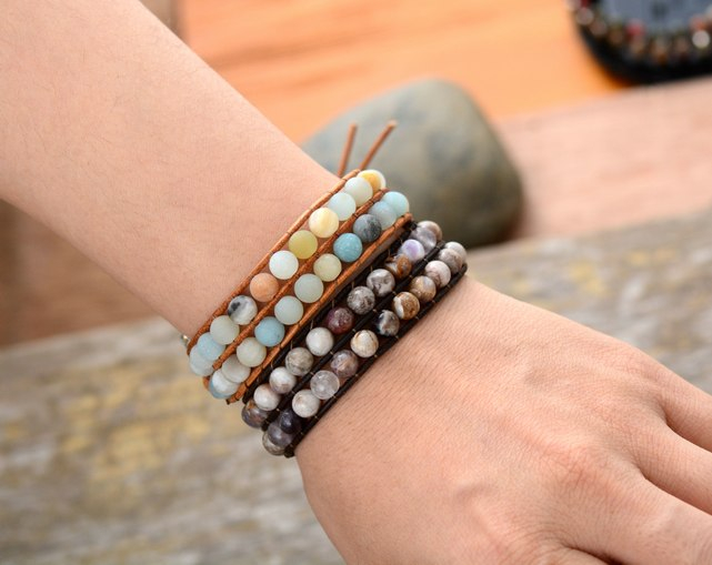 Bohemian style bracelet. Gypsy boho chic style. Leather wrap bracelet with gemstone and healing beads. Gypsy jewelry by peaceful-island.com