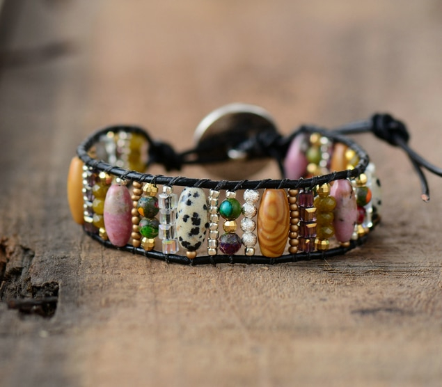 Day of Positivity Play pretty Boho Wrap Bracelet.Positive Chakra Healing jewelry.best online crystal shop peaceful-island.com wrap leather bracelets bead high quality rhodonite dalmation jasper beads