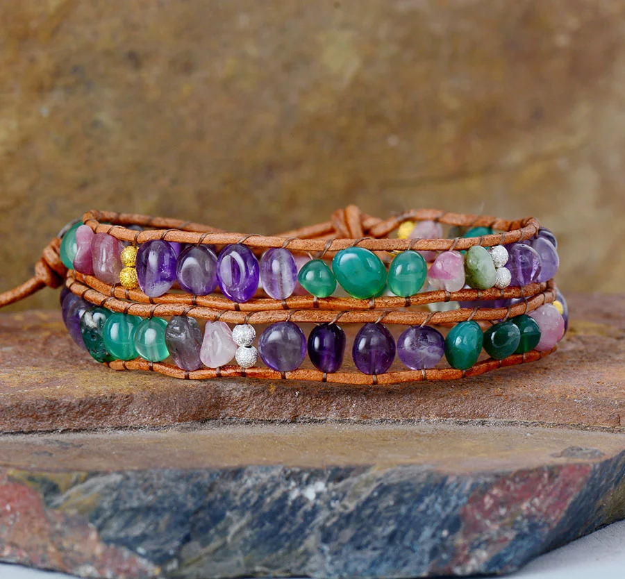 cute happy gemstone for princess amethyst jade rose quartz beaded double wrap around bracelet for girls.affordable jewelry brands peaceful-island.com boho leather wrap bracelets
