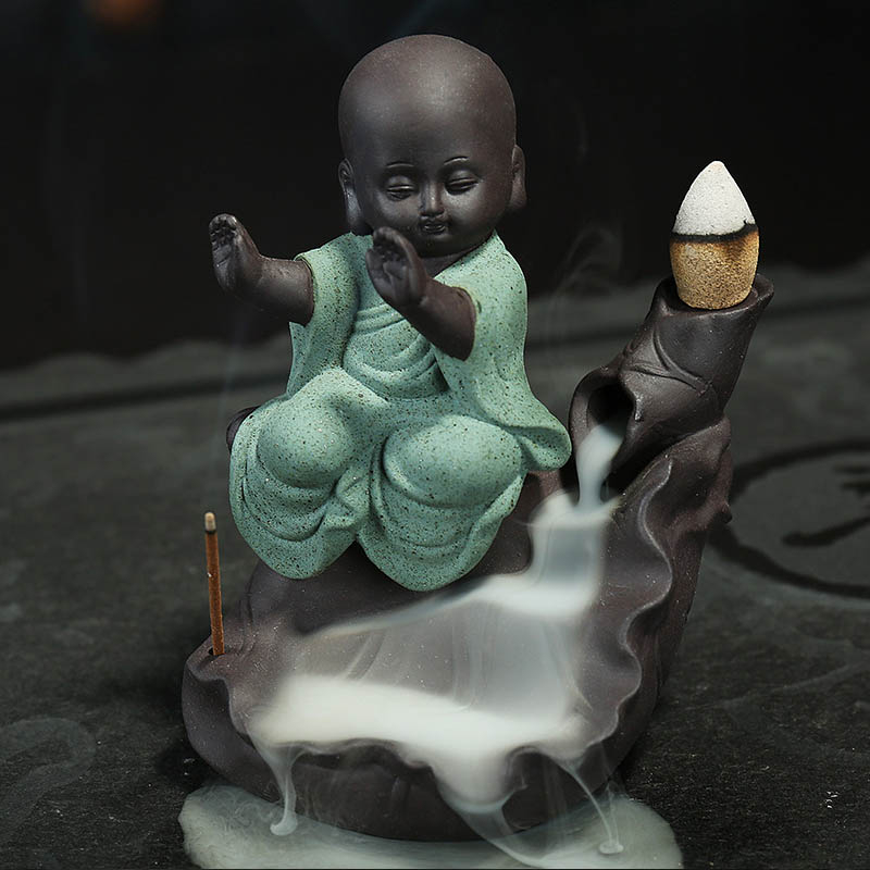 Auspicious Little Monk Alpine Flowing Water statue Smoke Backflow Incense Burner 