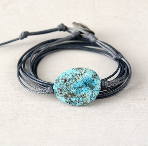 Azurite Chrysocolla Amulet black leather wrap bracelet gemstone jewelry companies.peaceful-island.com crystals for depression womens leather braided bracelets.throat chakra healing crystals bracelet