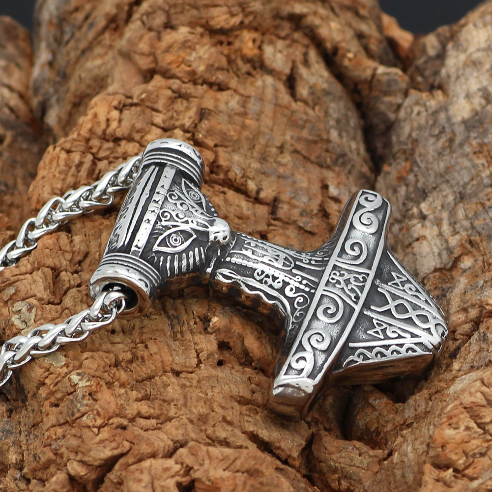 Antique Silver Norse Viking Crow Chain&Thor Hammer Mjolnir Pendant Necklace 