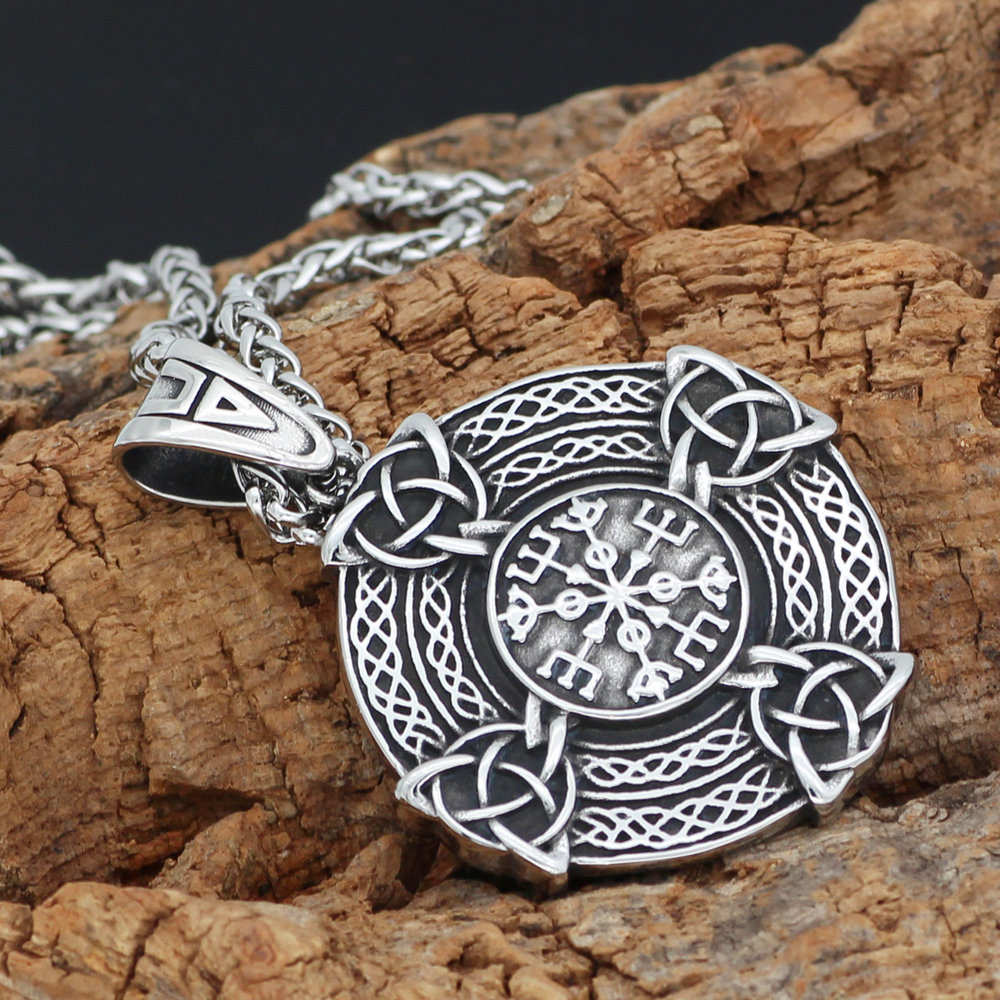 JEWURA Viking Deer Head Shield Necklace Celtic Vegvisir Stainless Steel Chain JEWURA Viking Deer Head Shield Necklace Celtic Vegvisir Stainless Steel Chain