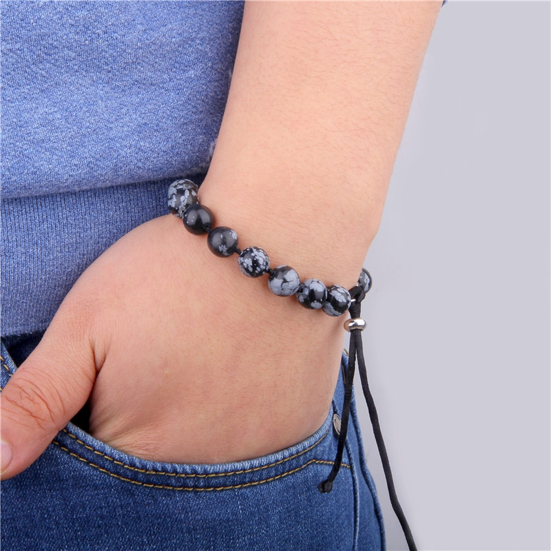 Snowflake Obsidian or Mountain Jade Stretch Bracelet Men's Beaded Bracelet 