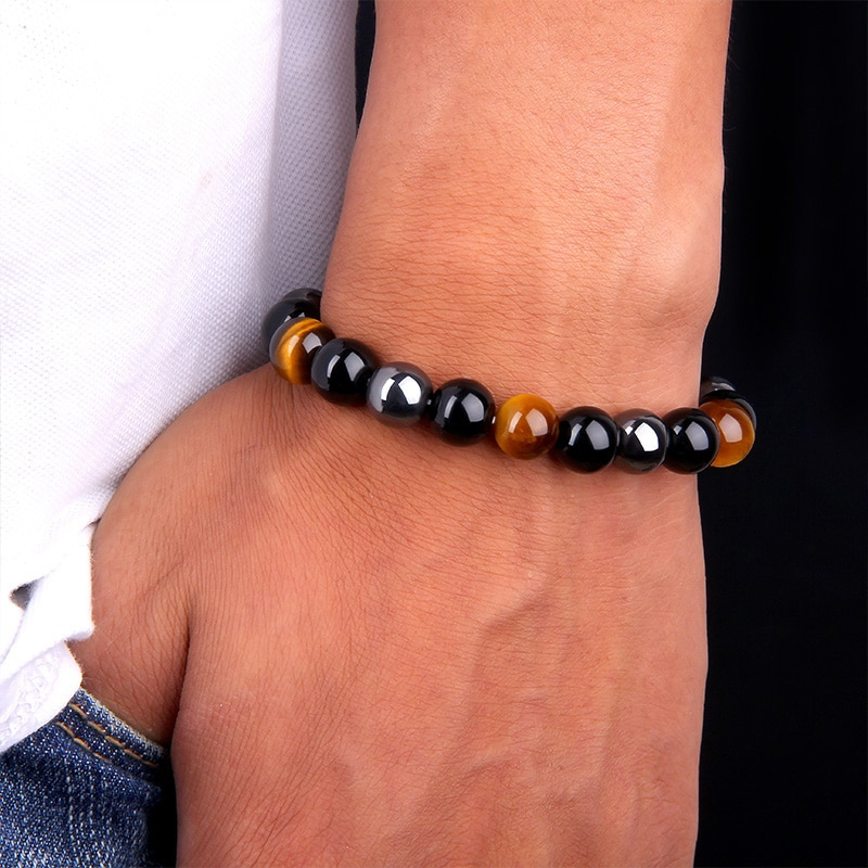 Tiger eye and obsidian elasticated beaded bracelet