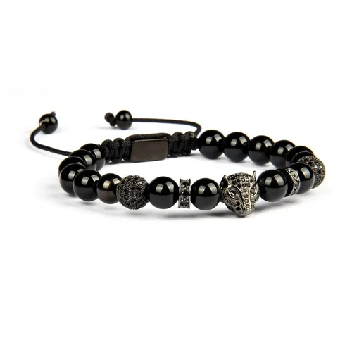 Black Puma Head Onyx Bead Macrame Bracelet With Cz Diamonds Bead Macrame Bracelet With Cz Diamonds