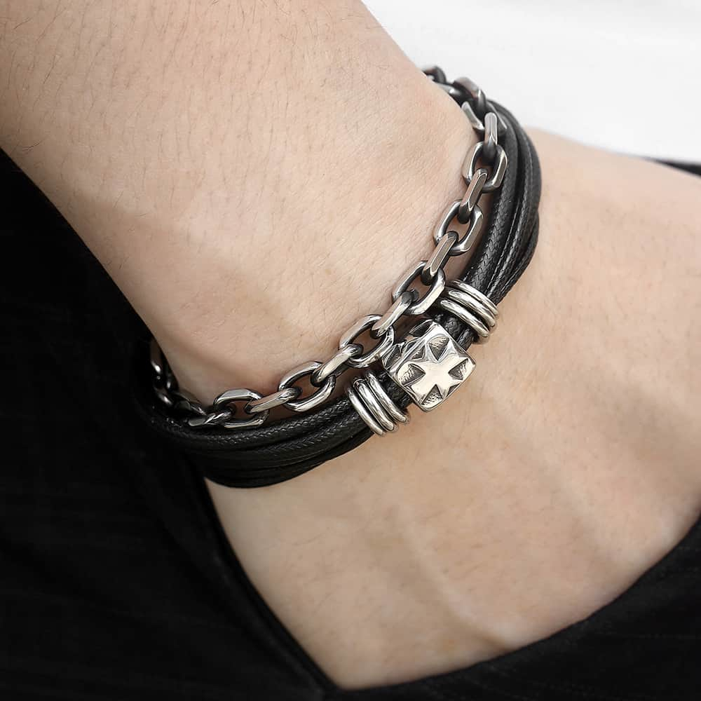 Men's Leather Cross Braided Bracelet Bangle Wristband Cuff Steel Clasp mn