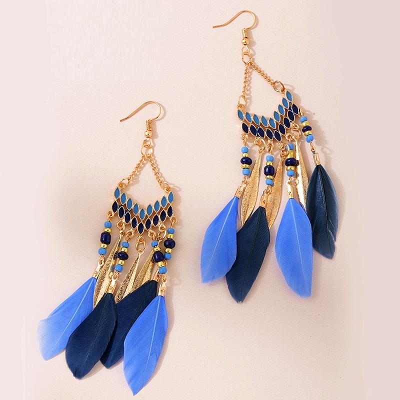 Leather earrings Leather feather earrings Blue feather earrings Bohemian earrings Long feather earrings Boho earrings Royal blue earrings 