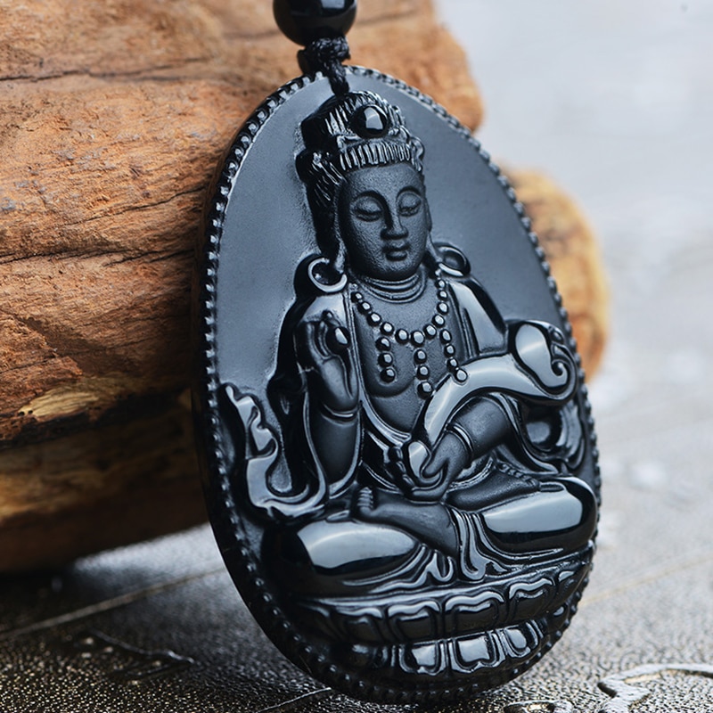 Carved Guanyin Avalokitesvara Obsidian Pendant Necklace Wrist Elegant Chakra 