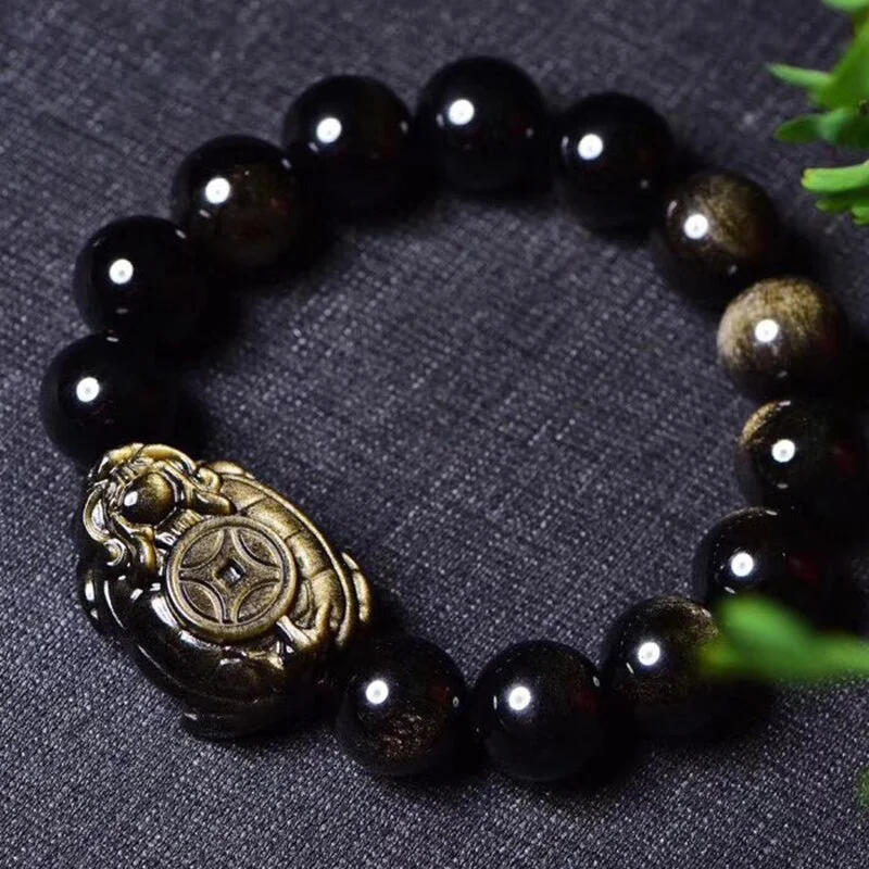 Gold Obsidian Bracelet with Turtle 