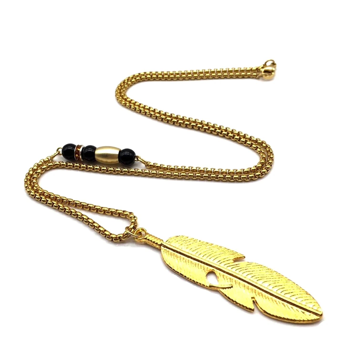 Mens Golden Eagle Eye Feather Necklace 