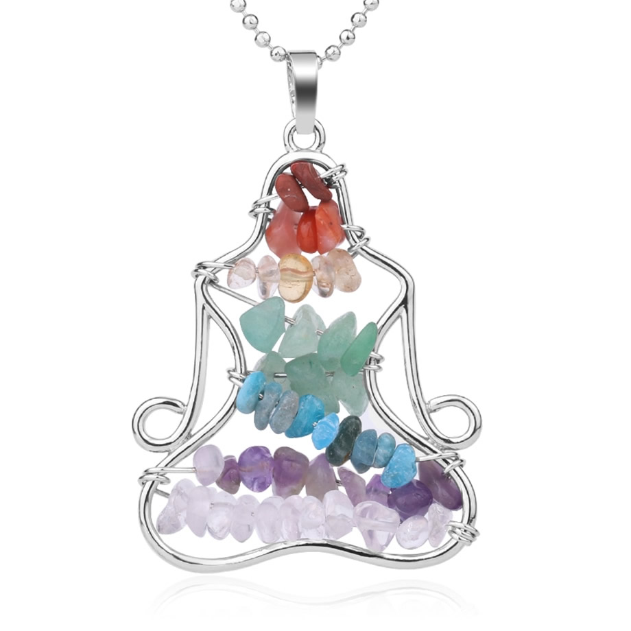 BUTW Silver Plated Budha 7 Chakra  Facet Gemstone Accents Pendant Necklace 3377D 