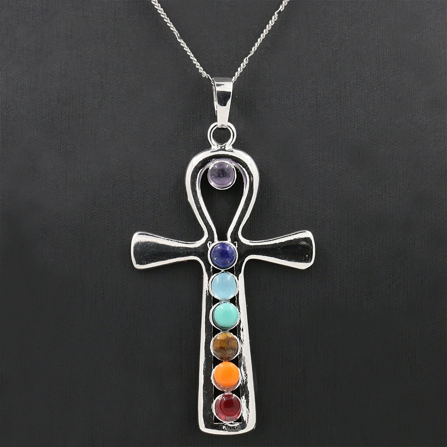 Silver Plated 7 Beads Ankh Symbol Of Life Healing Point Chakra Pendant necklace 