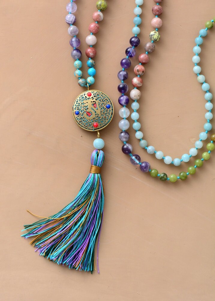 6mm Amazonite Gemstone 108 Beads mala necklace pendant Ruyi Bless Meditation 