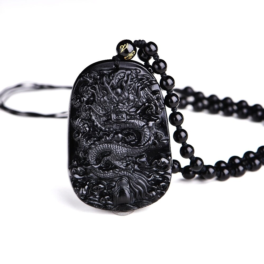 Details about  / Natural Obsidian dragon Amulet Pendant Necklace with Bead adjustable Chain