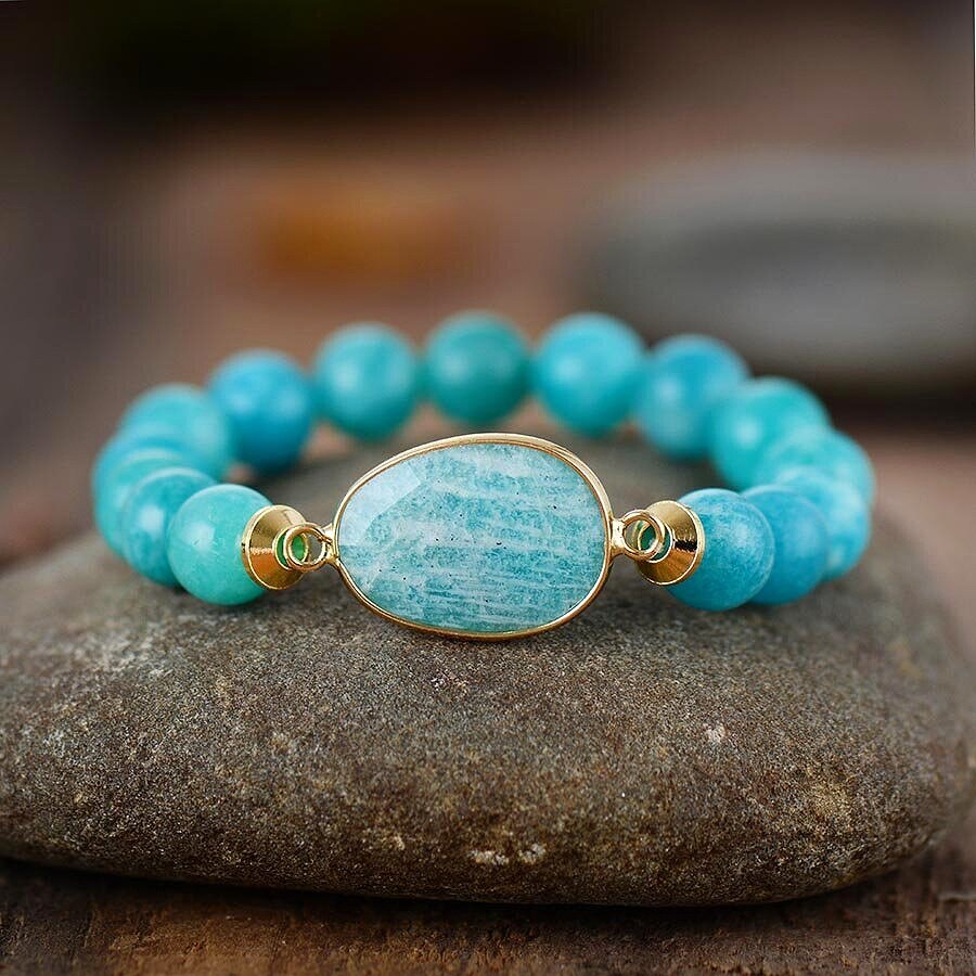 Healing Crystal Blue Amazonite Bead Bracelet Peaceful Island