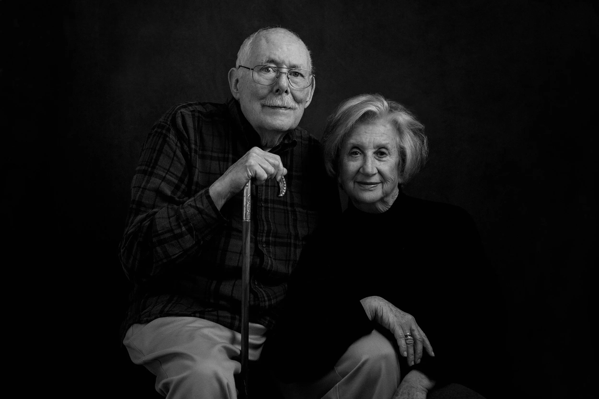 Black and white portrait of photographer Nicole Gates's parents, her mother and late father, McAllen TX family portrait photographer
