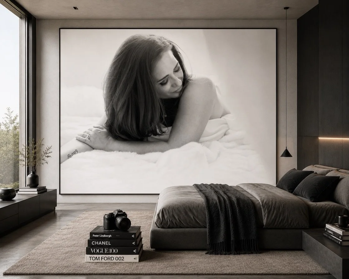 When most people hear the word boudoir, they picture lingerie. Or nudity.

I picture art.

This is the same photograph. One hanging beautifully above a bed in a luxury bedroom. The other is the original portrait. Nothing about it feels over the top. 