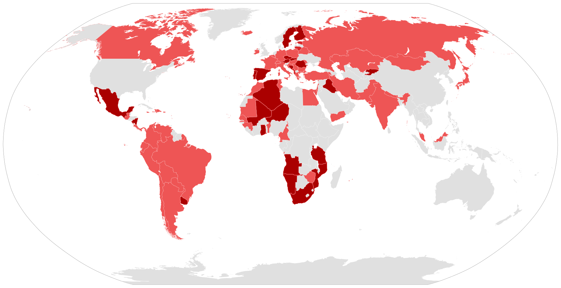Houston Courant 2019: Graphical Representation of Socialist International Activity. Dark red signifies a SI party is in control of the government in some form. Light red shows a SI political party is officially active within the nation. The democratic socialists in the United States are currently omitted.