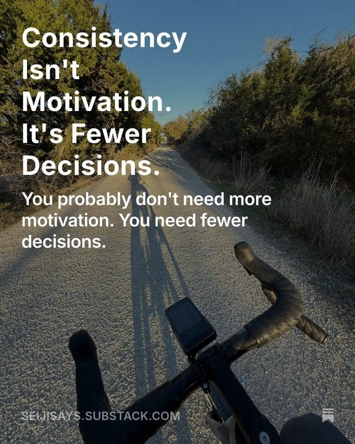 Consistency isn&rsquo;t a motivation problem&mdash;it&rsquo;s a decision problem. Remove decisions before the week starts:

- When you&rsquo;ll do the work
- What counts as a win
- Your intensity rule (no hero days)

I posted the full framework + a 5