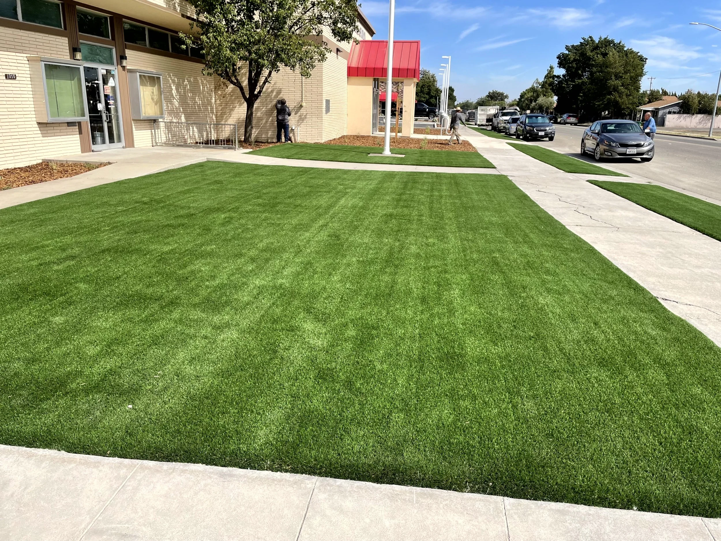 Well-maintained green grass lawn with concrete sidewalk and walkway, beige brick building with red awning, trees, parked cars, and cloudy blue sky.