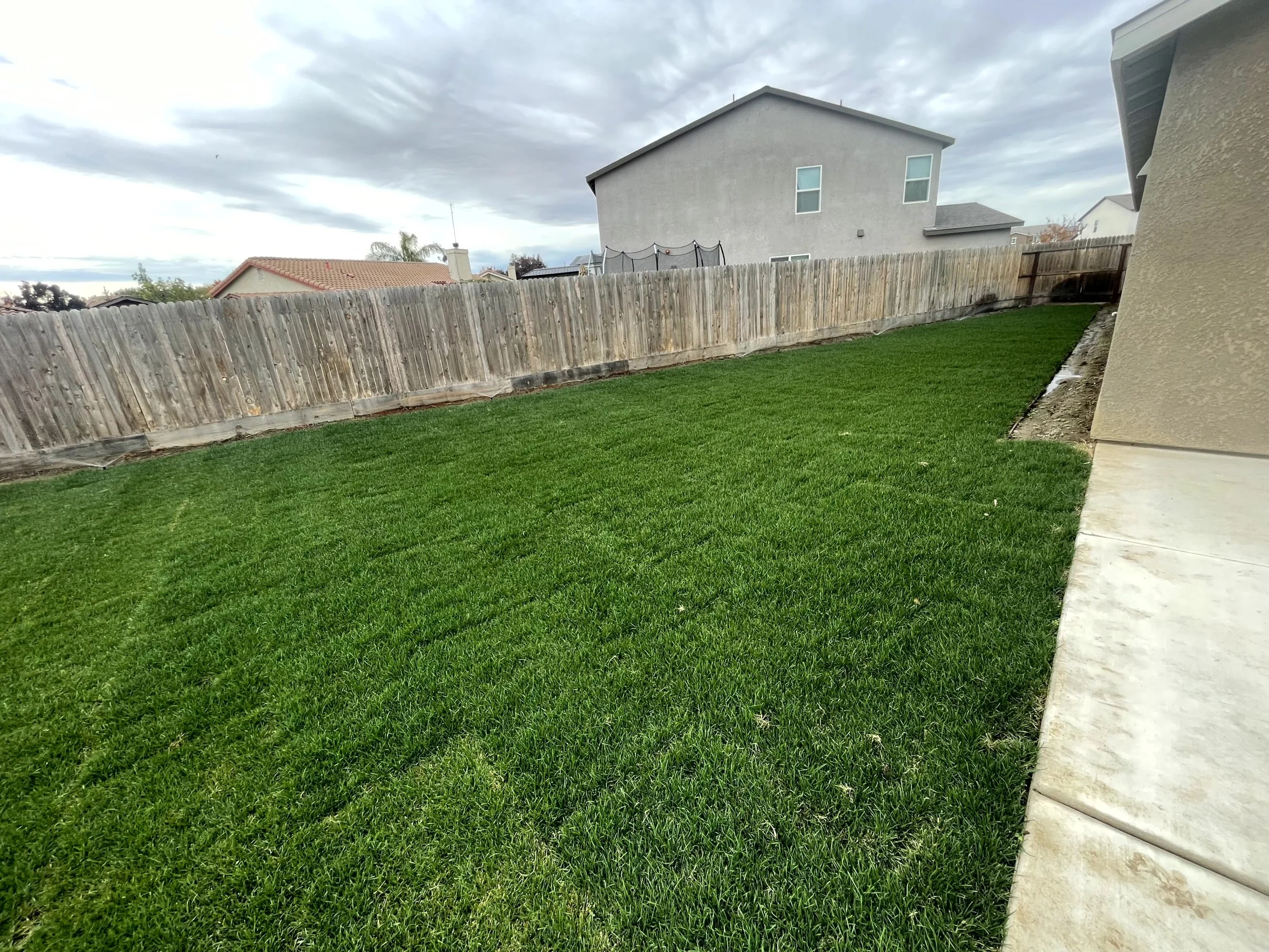 A backyard with a well-maintained green lawn, a wooden fence, a concrete patio on the right, and neighboring houses under a cloudy sky.