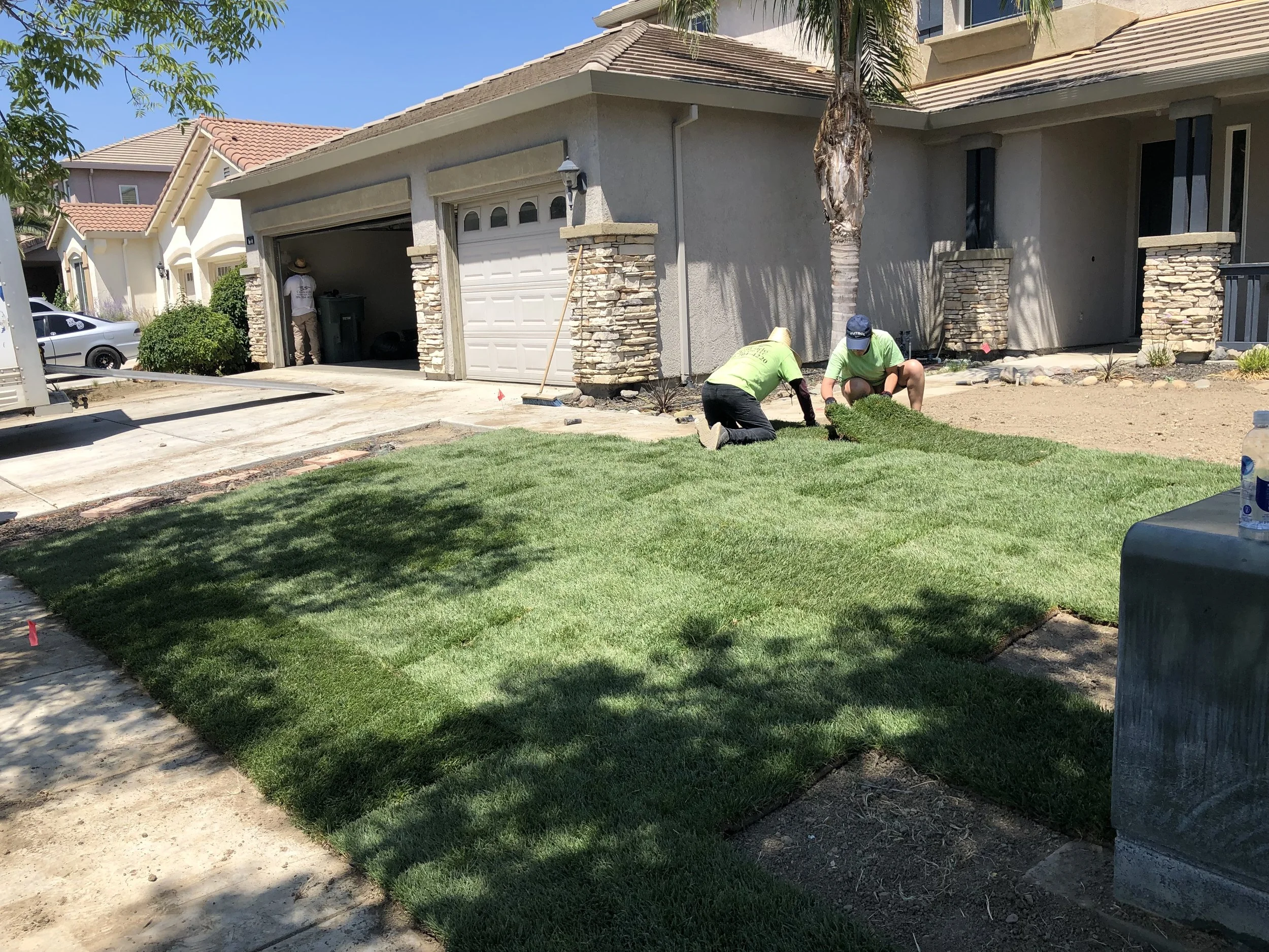 Workers installing new sod grass in front yard of a residential house on a sunny day.