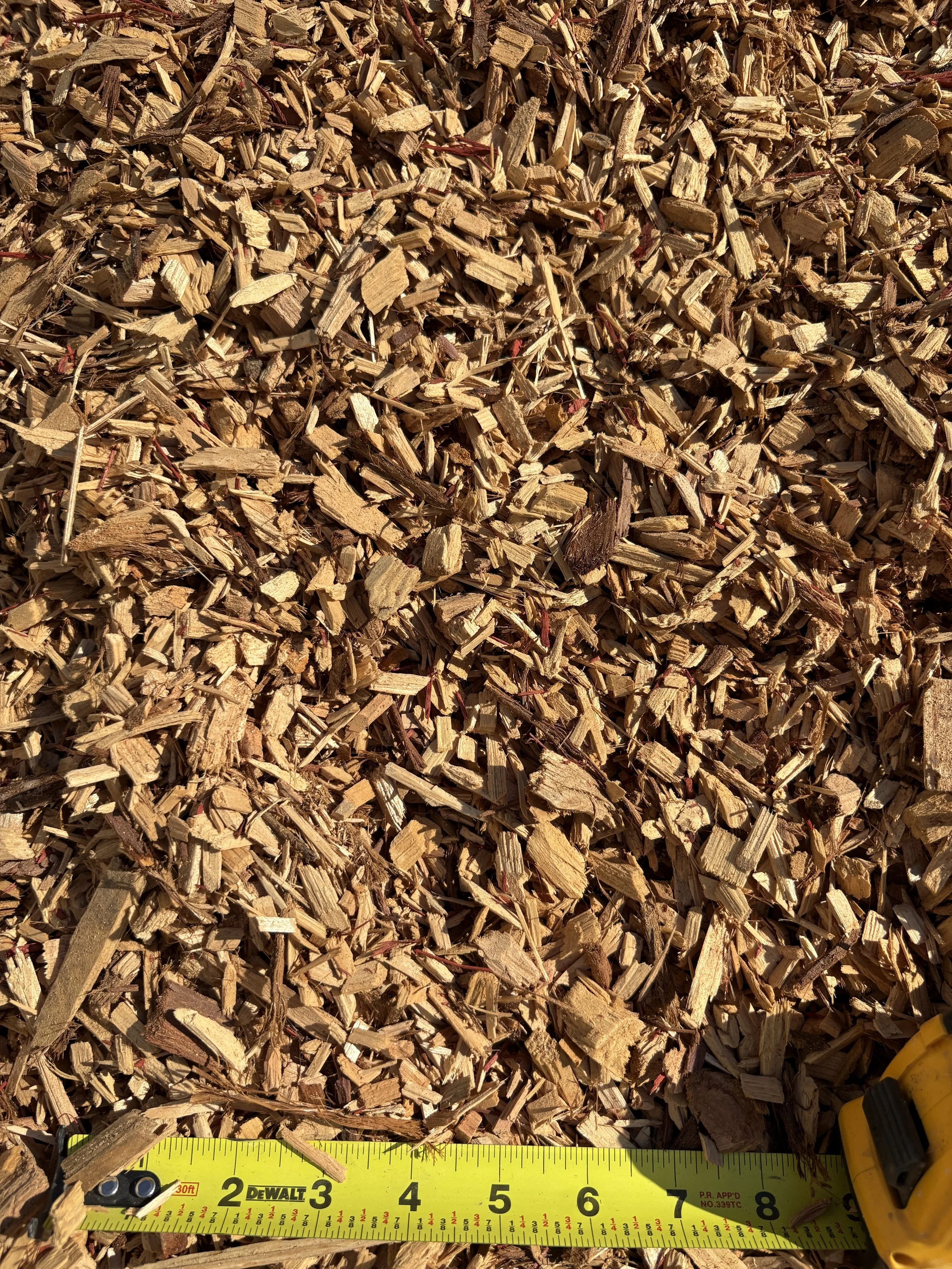 Close-up of a pile of wood chips with a yellow tape measure at the bottom showing approximately 8 inches in length.