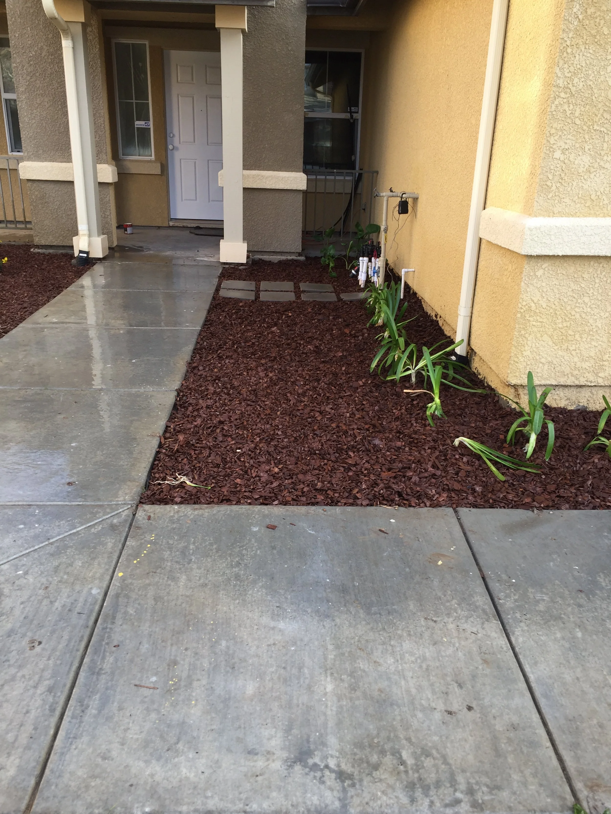 Concrete sidewalk leading to a front porch with a white door, surrounded by a garden bed with plants and mulch.