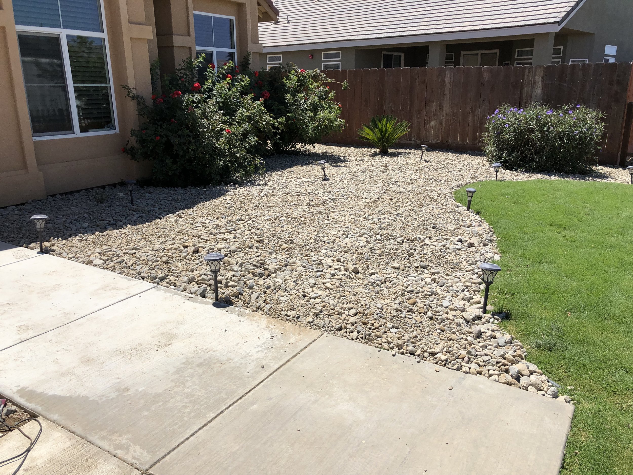 A backyard with a gravel area next to a patch of green grass, surrounded by plants and a wooden fence.