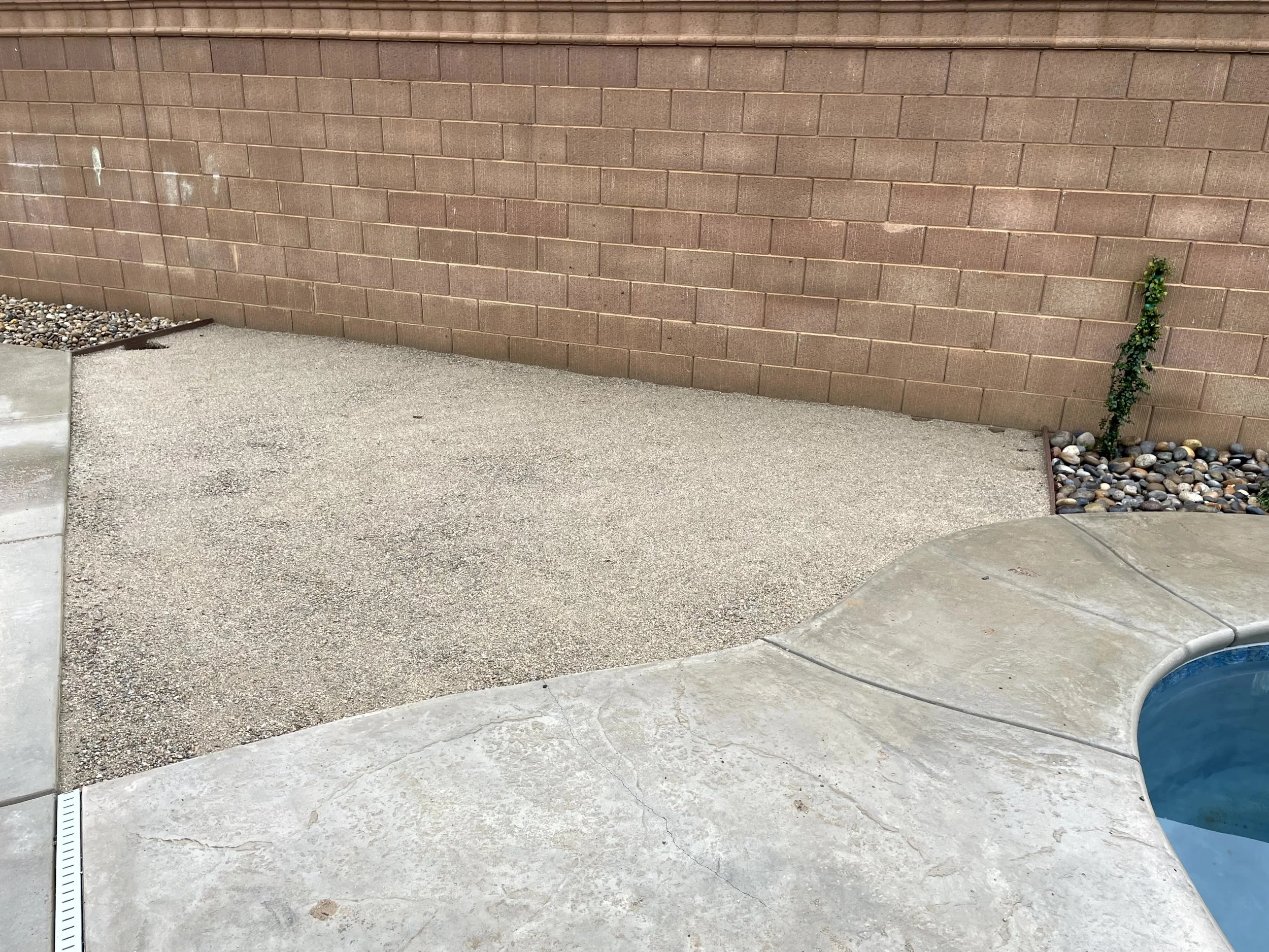 Concrete pool deck next to a small gravel area with a brick wall and a small tree in a bed of rocks.