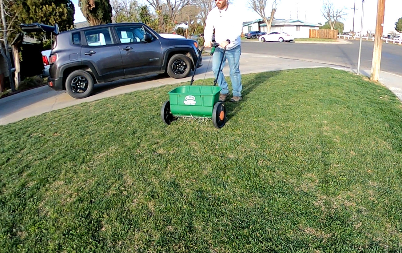A man in a white shirt and blue jeans is using a green wheelbarrow to move grass or soil on a grassy front yard near a driveway. There is a black SUV parked on the driveway behind him, and residential houses and trees are visible in the background.
