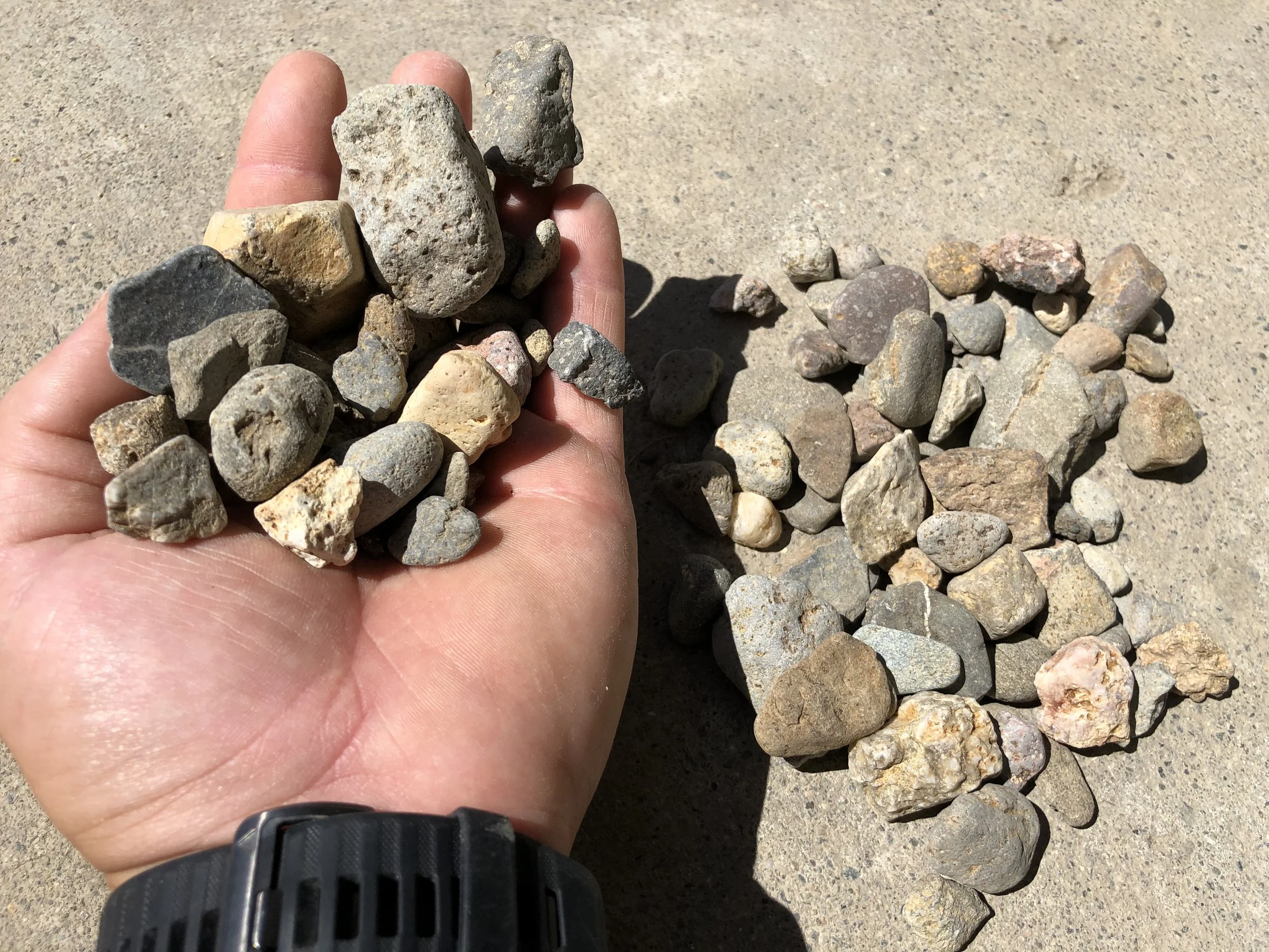 Hand holding small rocks and gravel on concrete ground