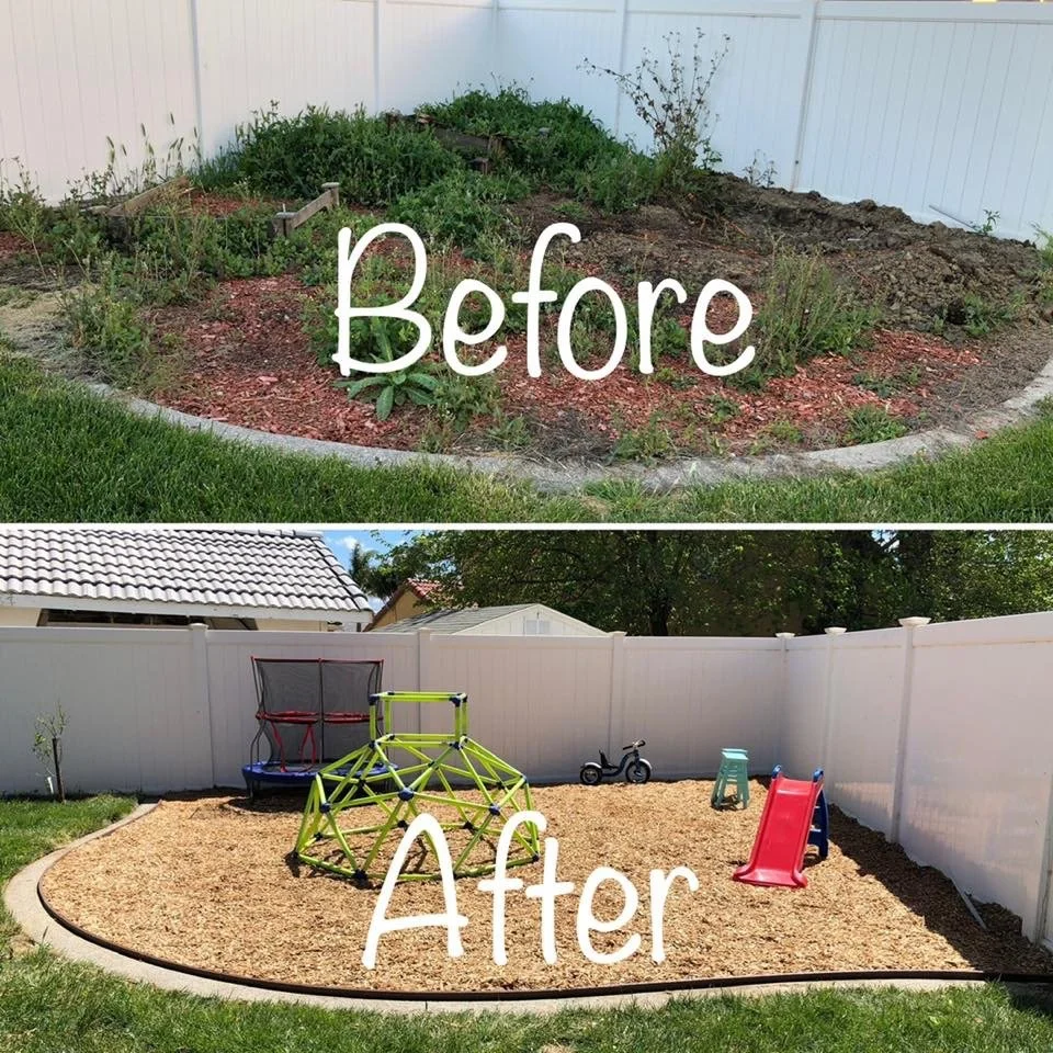Side-by-side comparison of a backyard before and after renovation. The top image shows a patch of dirt with sparse, overgrown plants, labeled "Before." The bottom image shows a finished play area with mulch, a small playground set, slide, sandbox, an