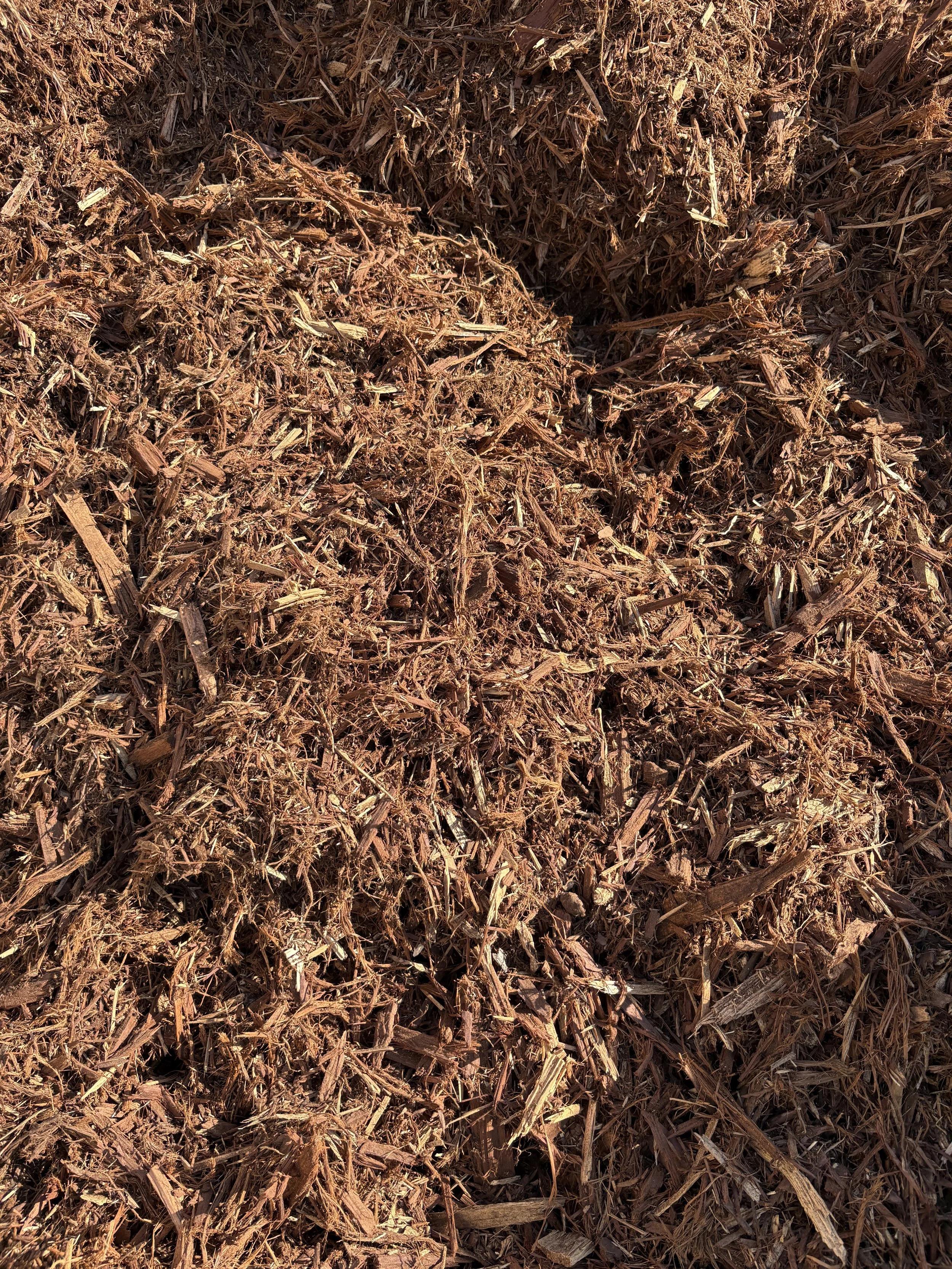 Close-up of shredded brown mulch or wood chips.