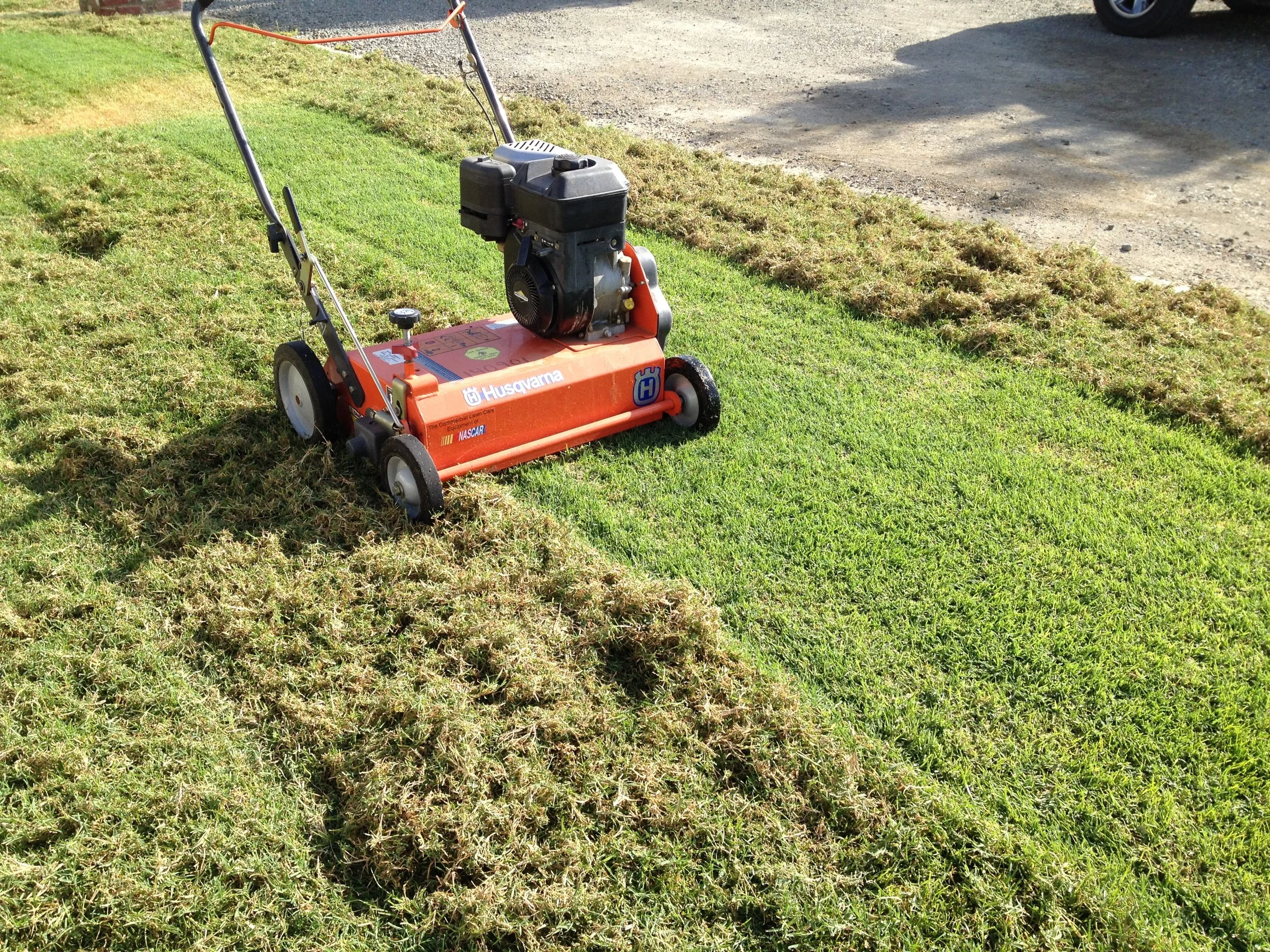 A lawnmower cutting grass on a lawn with a gravel driveway in the background.